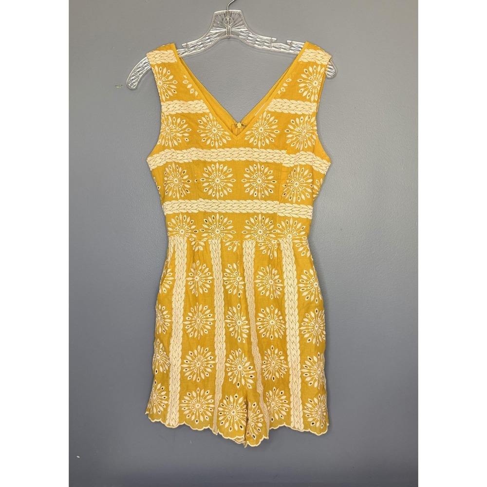 Skies Are Blue Romper Womens XS Yellow Embroidered Eyelet V Neck Pockets Summer